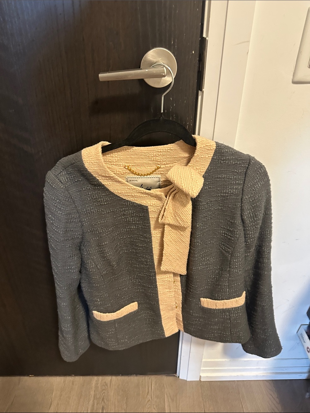 Molly Gray Knit Jacket with Cream Bow Trim